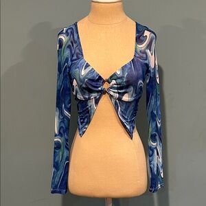 Princess Polly Blue White Marble Print Sheer Cropped Top size 0